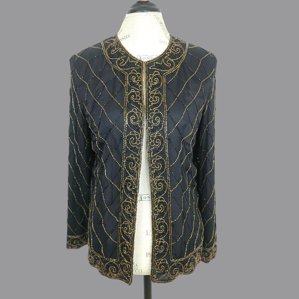 Vintage JMD Beaded Jacket Medium Black Silk Formal